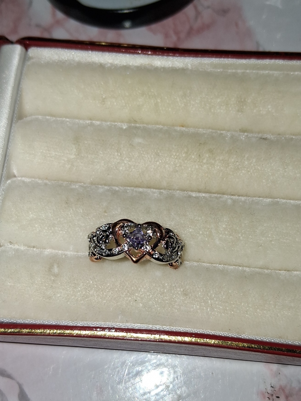 Rose Gold Heart and Filigree Ring with Purple Stone